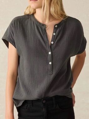 Faherty Desmond Dream Cotton Gauze Button Henley Top - Charcoal Gray
